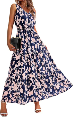 Summer Womens Dresses Sleeveless V Neck Elastic Waist Maxi Dress Floral Ruffle Swing Sundress Wedding Guest Dresses