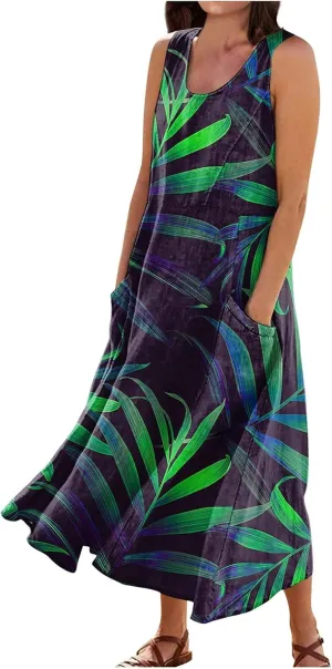 Sundresses for Women 2025 A-Line U Neck Boho Dress Floral Print Sleeveless Tank Dress Flowy Sundress with Pockets