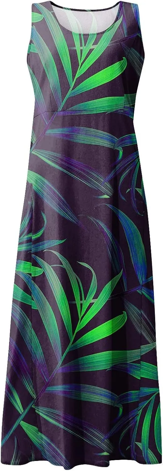 Sundresses for Women 2025 A-Line U Neck Boho Dress Floral Print Sleeveless Tank Dress Flowy Sundress with Pockets