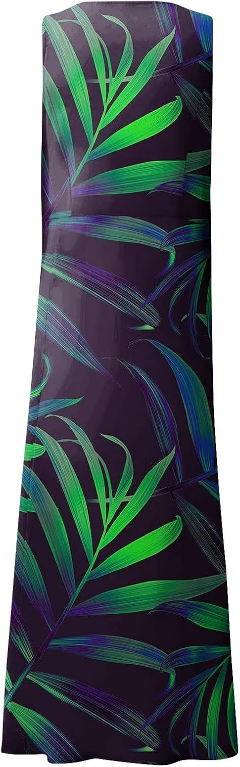 Sundresses for Women 2025 A-Line U Neck Boho Dress Floral Print Sleeveless Tank Dress Flowy Sundress with Pockets
