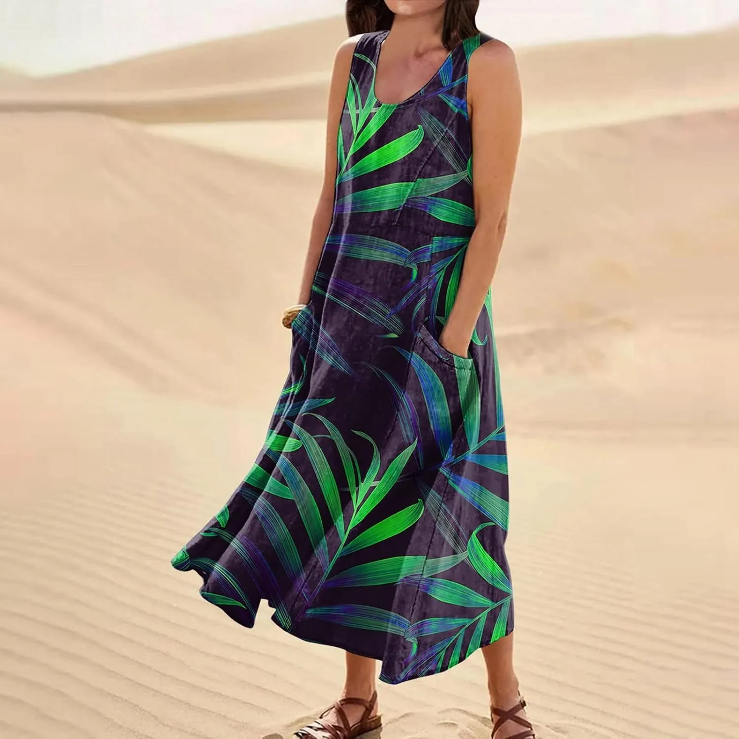 Sundresses for Women 2025 A-Line U Neck Boho Dress Floral Print Sleeveless Tank Dress Flowy Sundress with Pockets