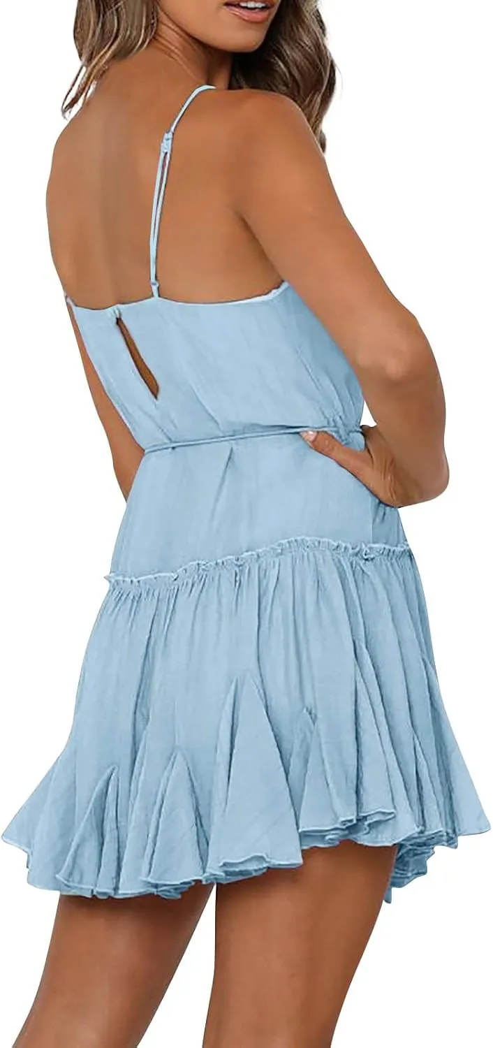 Sundresses for Women Summer Spaghetti Strap Tie Waist Ruffle Mini Dress A Line Flowy Tiered Dress Vacation Dresses