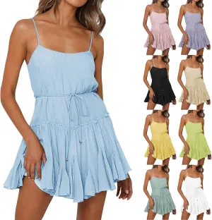 Sundresses for Women Summer Spaghetti Strap Tie Waist Ruffle Mini Dress A Line Flowy Tiered Dress Vacation Dresses
