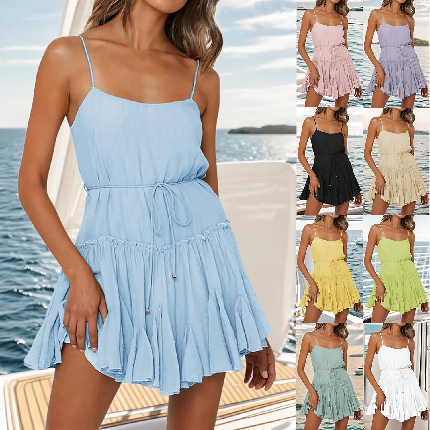 Sundresses for Women Summer Spaghetti Strap Tie Waist Ruffle Mini Dress A Line Flowy Tiered Dress Vacation Dresses