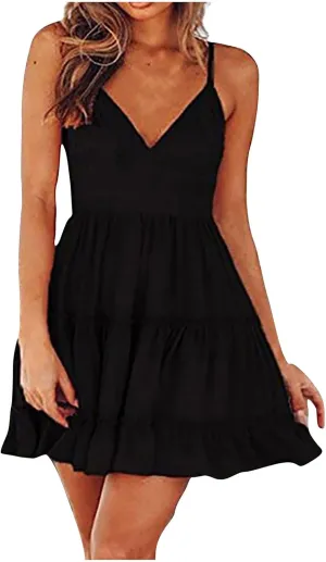 Sundresses for Women,2024 Summer Elegant Sexy Bodycon V Neck Spaghetti Strap Mini Party Dress,Flowy Vacation Dress