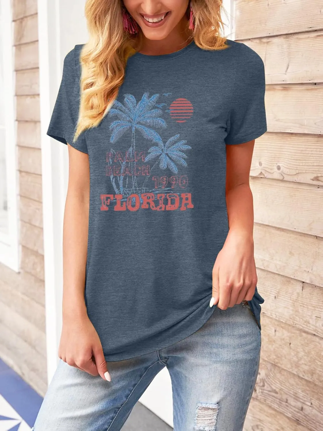 TAKEYAL Women Los Angeles Graphic T Shirts California Letter Print Short Sleeve Tee Loose Casual Tops
