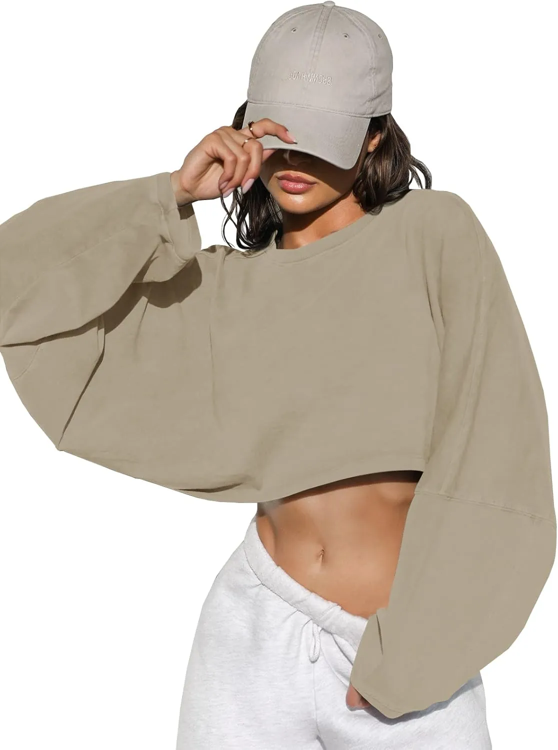 Tankaneo Womens Long Ballon Sleeve Sweatshirts Tops Cropped Crew Neck Loose Fit Casual Workout Shirts