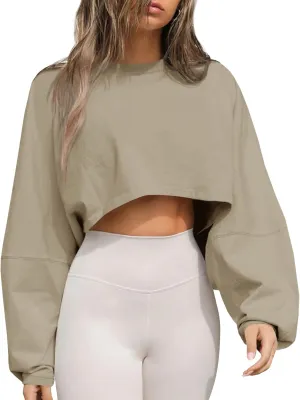 Tankaneo Womens Long Ballon Sleeve Sweatshirts Tops Cropped Crew Neck Loose Fit Casual Workout Shirts