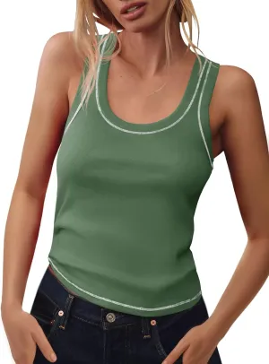 Tankaneo Womens Summer Ribbed Tank Top Casual Ringer Scoop Neck Sleeveless Knit Fitted Tops Going Out Tee Shirts