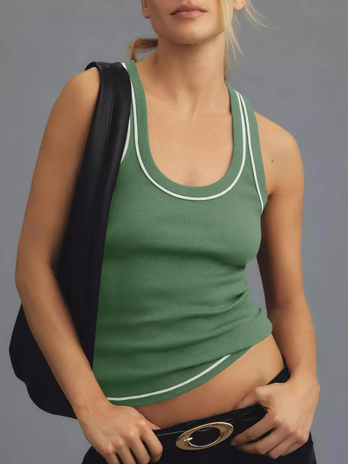 Tankaneo Womens Summer Ribbed Tank Top Casual Ringer Scoop Neck Sleeveless Knit Fitted Tops Going Out Tee Shirts
