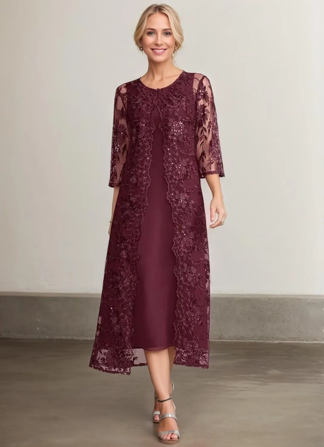 Tea Length Mother of The Bride Dresses for Wedding with Jacket Chiffon Laces Formal Evening Gown for Women