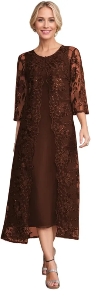 Tea Length Mother of The Bride Dresses for Wedding with Jacket Chiffon Laces Formal Evening Gown for Women