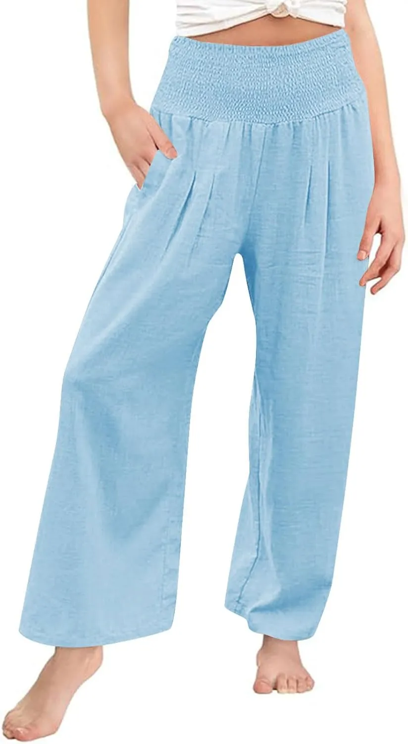 Teen Girls Cotton Linen Palazzo Pants Summer High Waist Casual Lounge Wide Leg Pant 2025 Beach Travel Resort Trousers