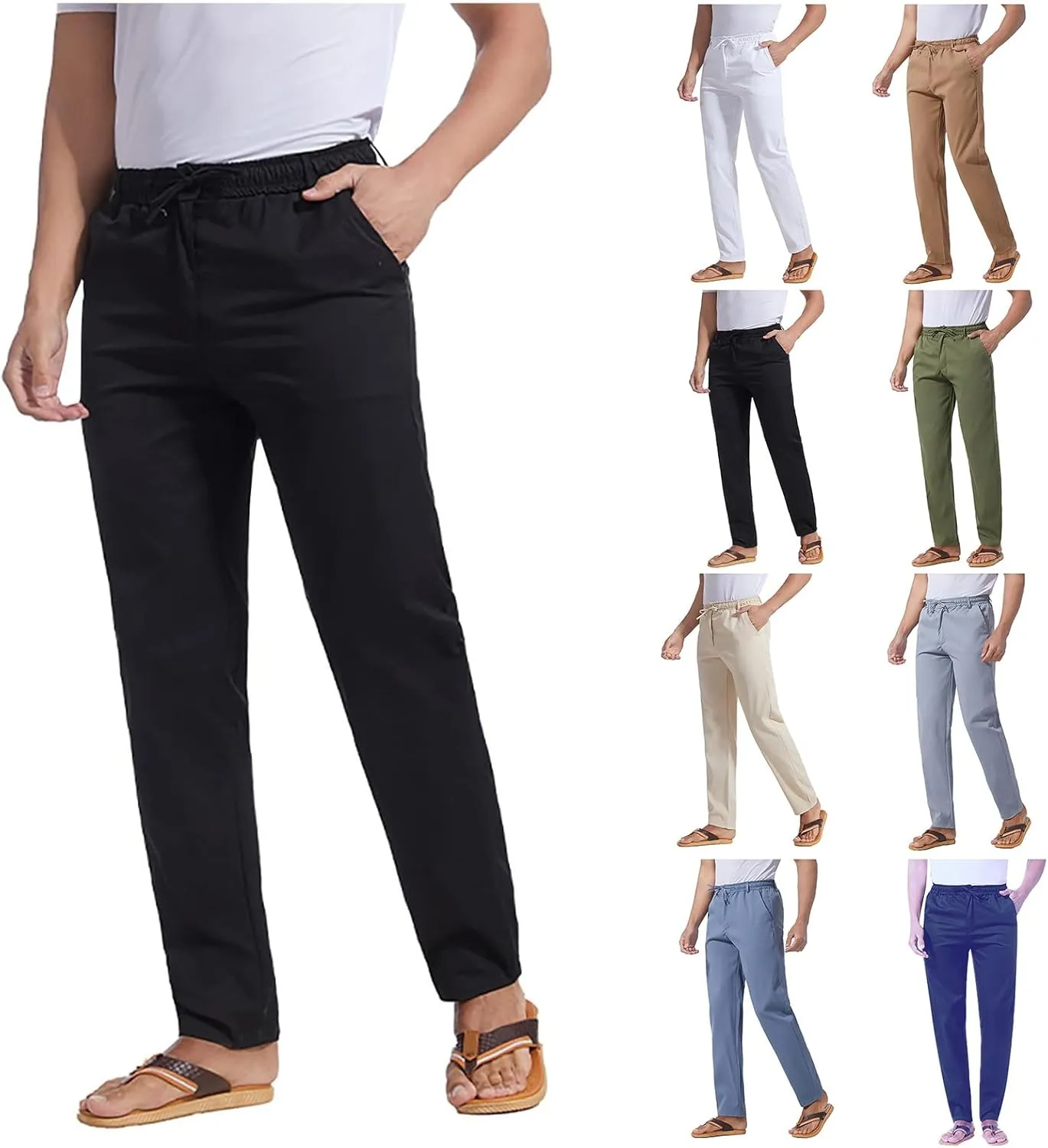 Thatrich Work Pants for Men Business Casual Trouser Cotton Linen Solid Summer Sweatpants Lightweight Comfy Yoga Pant Slim Fit