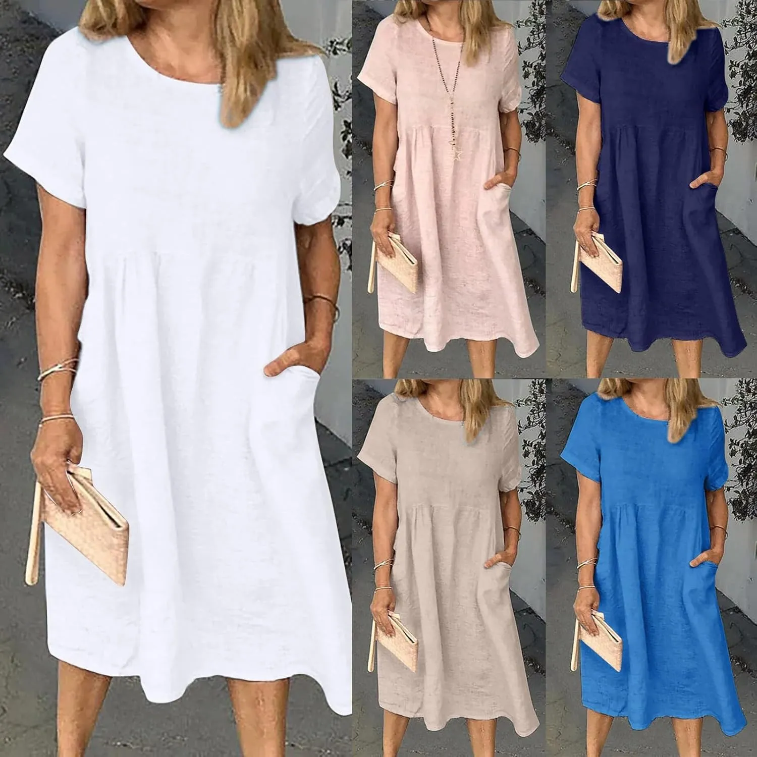 TIAFORD Women Cotton Linen Short Sleeve Midi Dress Crew Neck Summer Beach Vacation Flowy Dress with Pocket