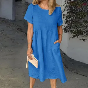 TIAFORD Women Cotton Linen Short Sleeve Midi Dress Crew Neck Summer Beach Vacation Flowy Dress with Pocket