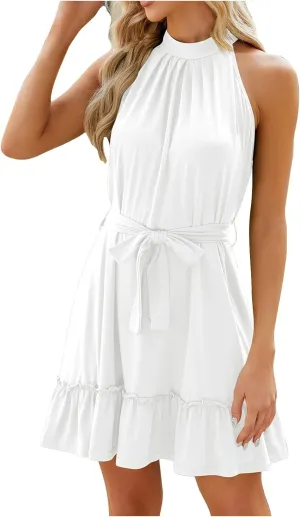 Tie Waist Ruffle Dress Women Halter Sleeveless Sundress Sexy Trendy Pleated Mini Dresses Solid Flowy Boho Beach Dress