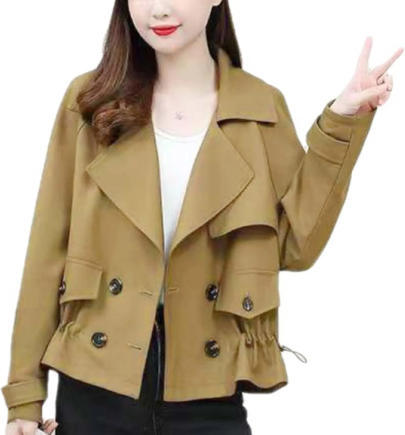 Trench Coats for Women Cropped Lapel Jackets Fashion Drawstring Double Breasted Plus Size Outerwear for Fall Winter