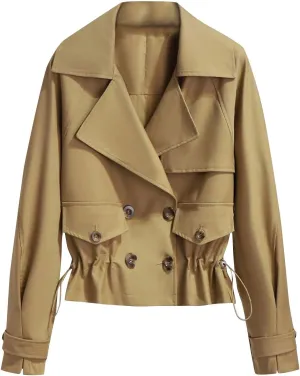 Trench Coats for Women Cropped Lapel Jackets Fashion Drawstring Double Breasted Plus Size Outerwear for Fall Winter