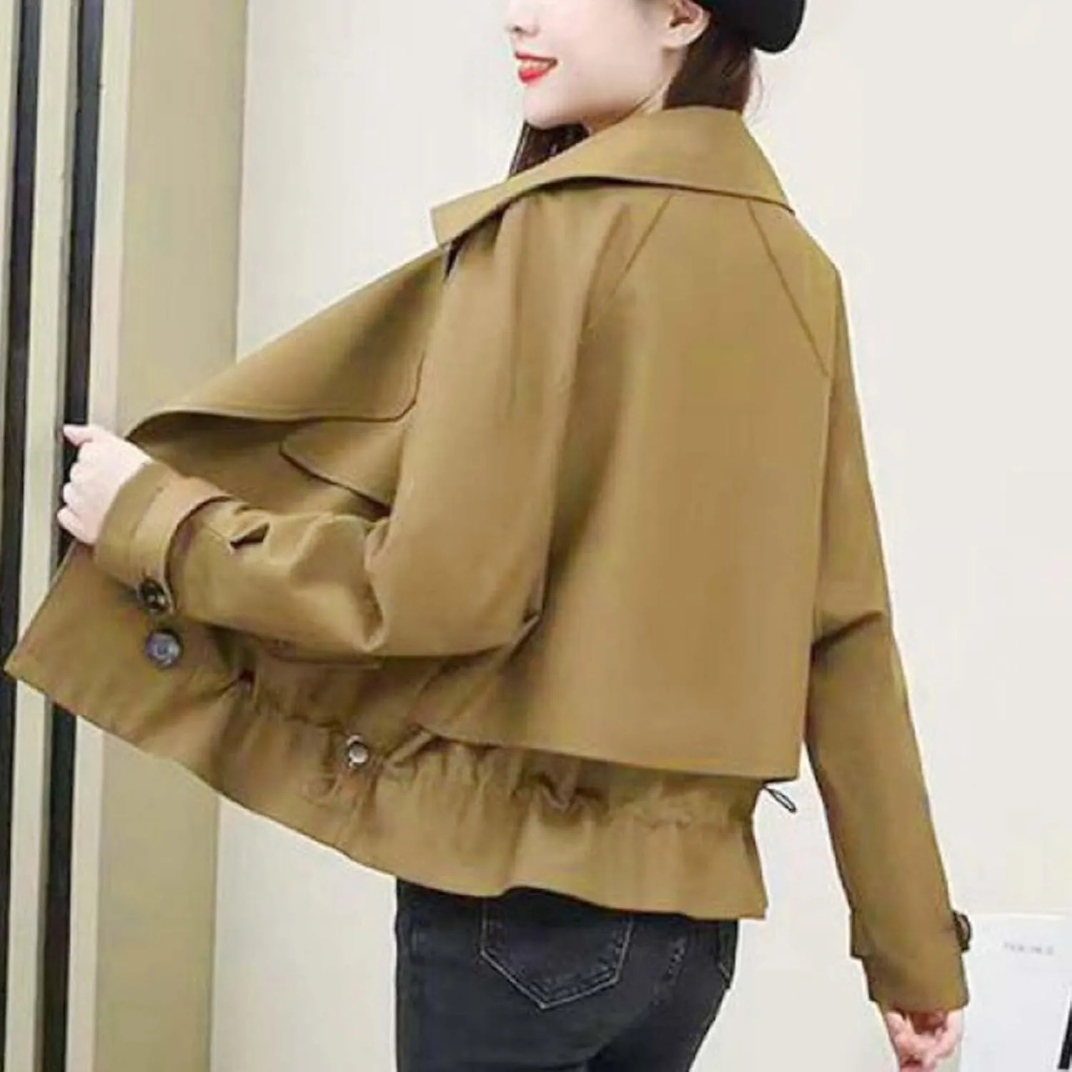 Trench Coats for Women Cropped Lapel Jackets Fashion Drawstring Double Breasted Plus Size Outerwear for Fall Winter