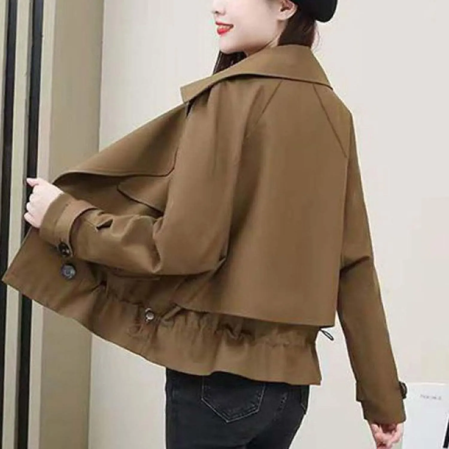 Trench Coats for Women Cropped Lapel Jackets Fashion Drawstring Double Breasted Plus Size Outerwear for Fall Winter