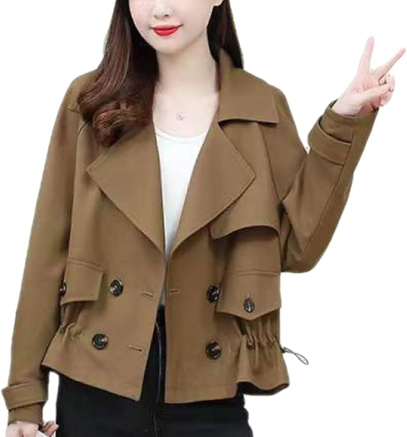 Trench Coats for Women Cropped Lapel Jackets Fashion Drawstring Double Breasted Plus Size Outerwear for Fall Winter