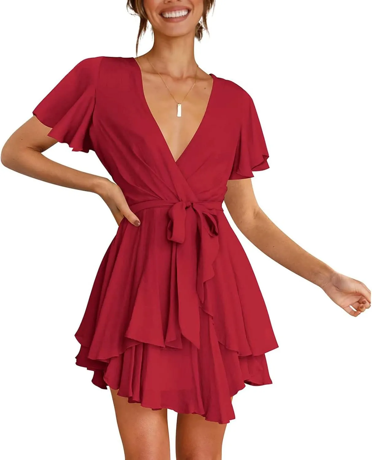 tuduoms Fashion Women's Floral Dress V-Neck Short Sleeve Tie Waist Ruffle Mini Summer Dress Party Casual Flowy Short Dresses
