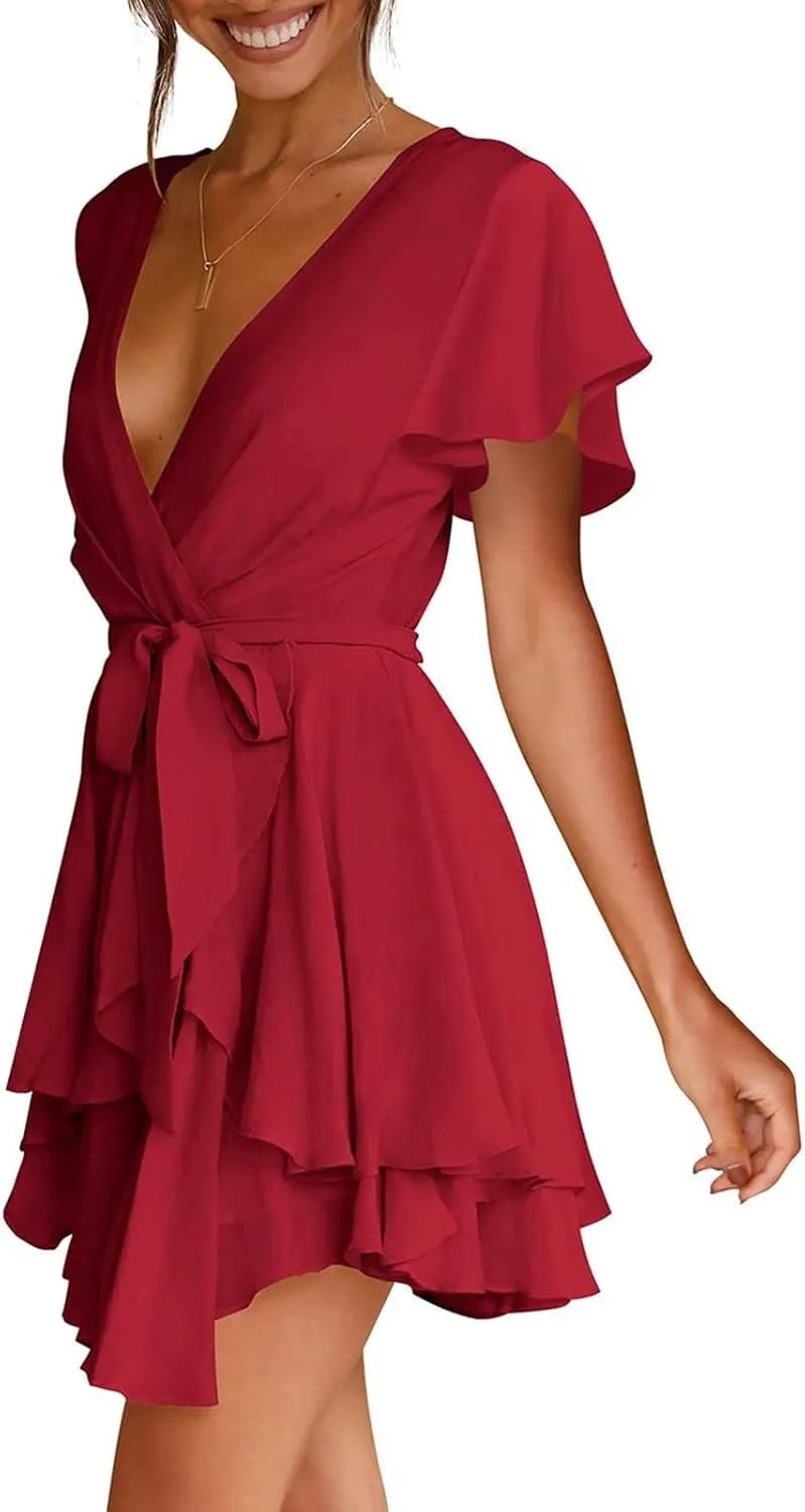 tuduoms Fashion Women's Floral Dress V-Neck Short Sleeve Tie Waist Ruffle Mini Summer Dress Party Casual Flowy Short Dresses