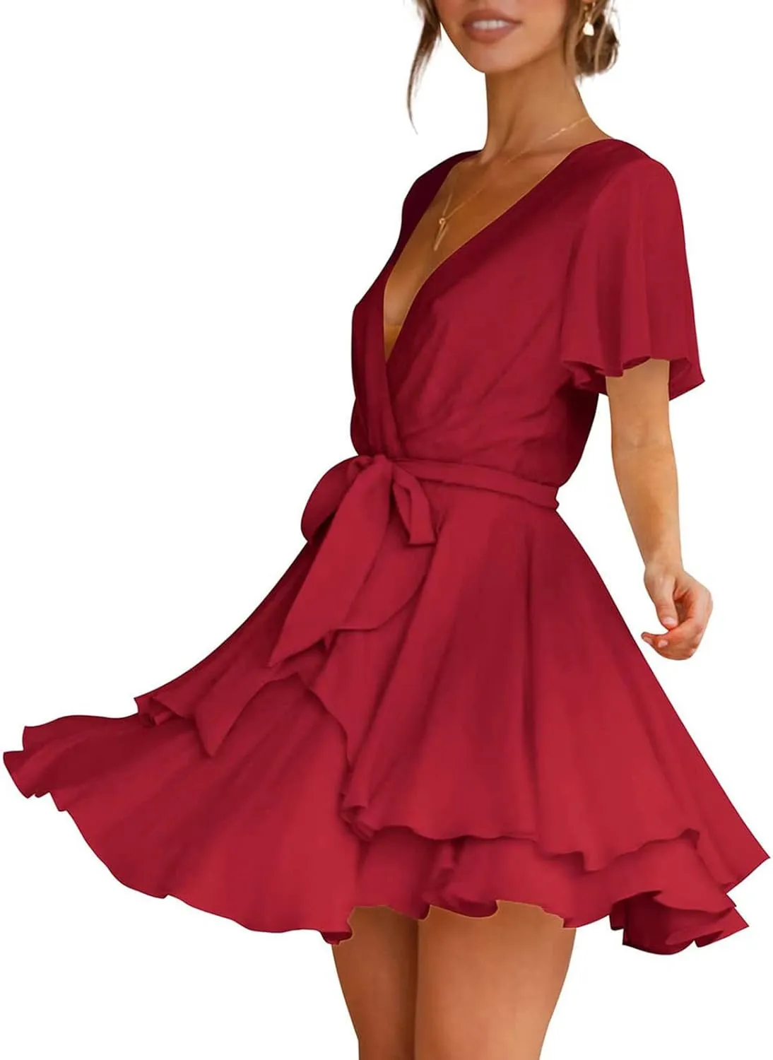 tuduoms Fashion Women's Floral Dress V-Neck Short Sleeve Tie Waist Ruffle Mini Summer Dress Party Casual Flowy Short Dresses