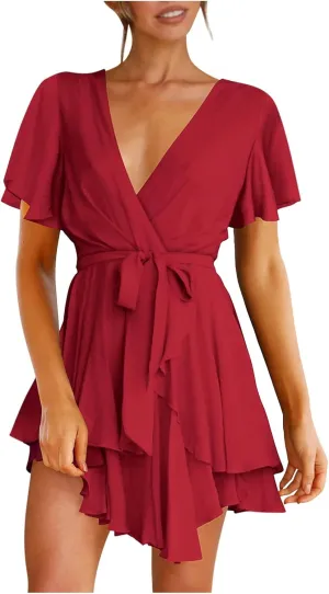 tuduoms Fashion Women's Floral Dress V-Neck Short Sleeve Tie Waist Ruffle Mini Summer Dress Party Casual Flowy Short Dresses