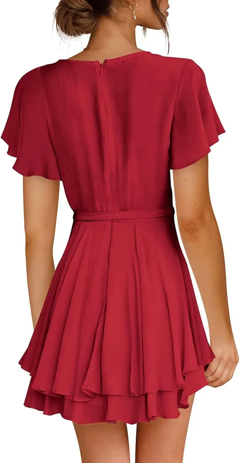 tuduoms Fashion Women's Floral Dress V-Neck Short Sleeve Tie Waist Ruffle Mini Summer Dress Party Casual Flowy Short Dresses