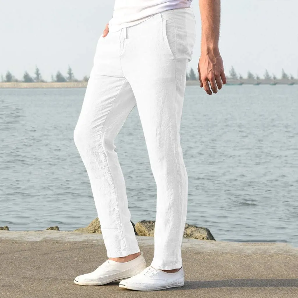 tuduoms Men's Slim-Fit Slacks Drawstrintg Linen Capri Pants Casual Straight Fit Tapered Trouser Lightweight Summer Beach Pant