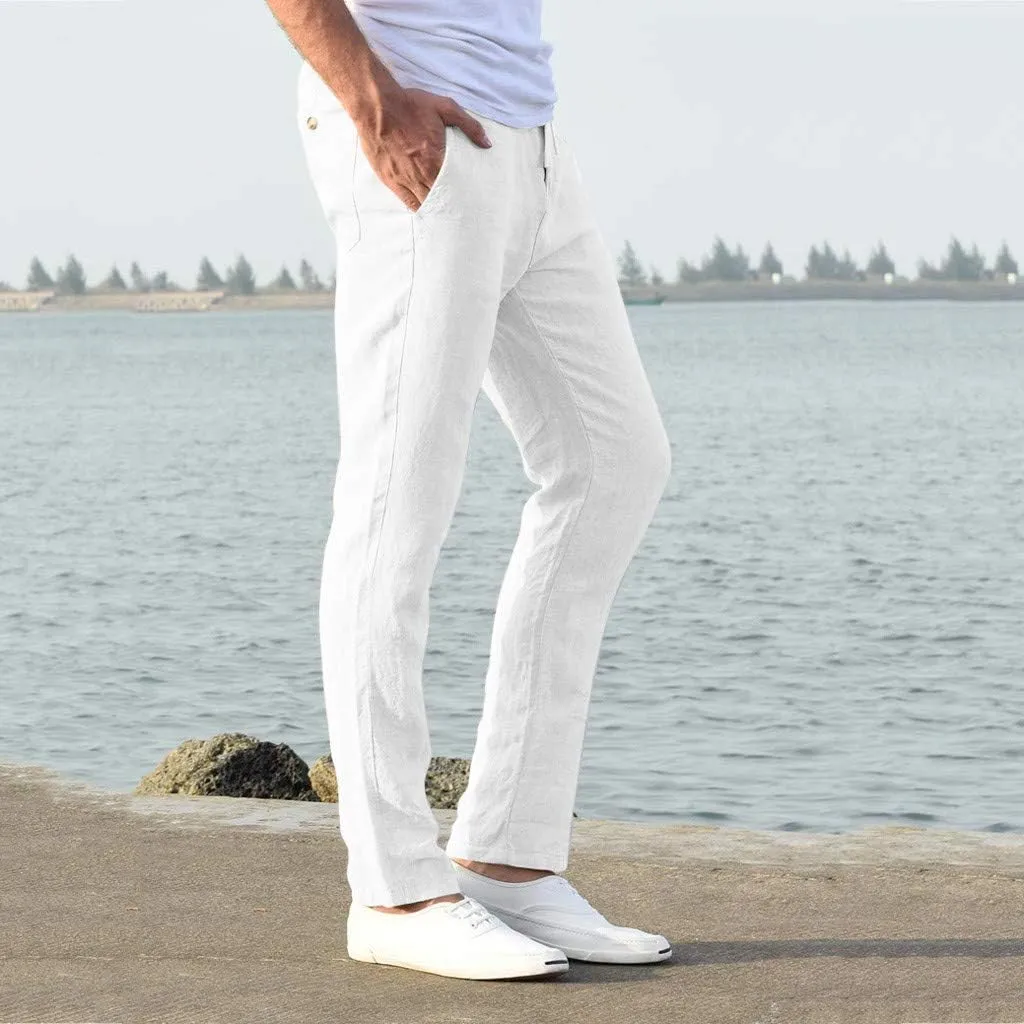 tuduoms Men's Slim-Fit Slacks Drawstrintg Linen Capri Pants Casual Straight Fit Tapered Trouser Lightweight Summer Beach Pant