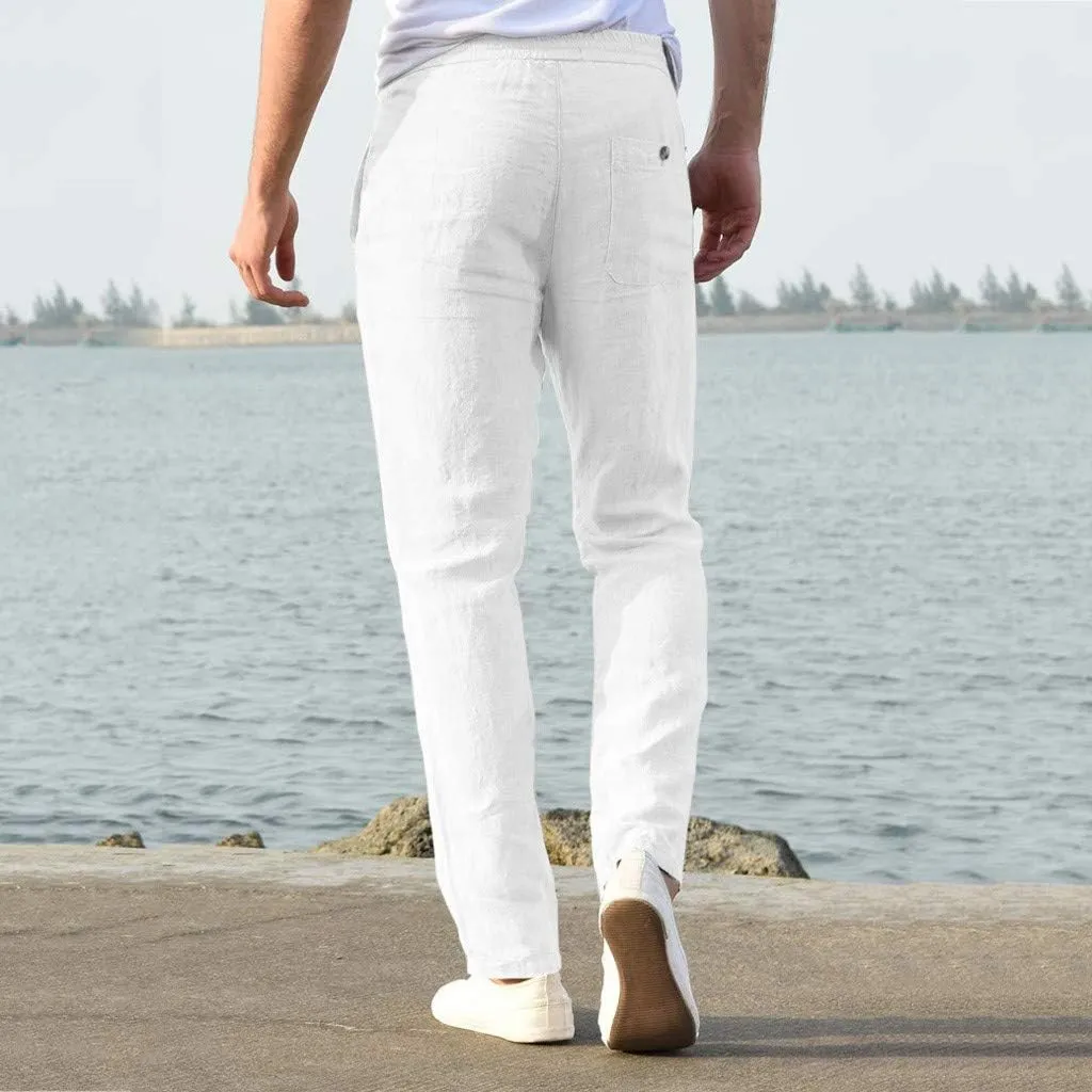 tuduoms Men's Slim-Fit Slacks Drawstrintg Linen Capri Pants Casual Straight Fit Tapered Trouser Lightweight Summer Beach Pant
