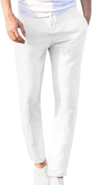 tuduoms Men's Slim-Fit Slacks Drawstrintg Linen Capri Pants Casual Straight Fit Tapered Trouser Lightweight Summer Beach Pant