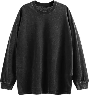 Tuislay Vintage Oversized T Shirts for Men Cotton Baggy Crewneck Streetwear Sweatshirt Acid Wash Long Sleeve Tee Shirts Top
