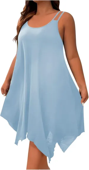 TUNUSKAT Womens Plus Size Asymmetrical Short Dress Sexy Strappy Midi Summer Dresses Ladies Casual Flowy Vacation Sundresses
