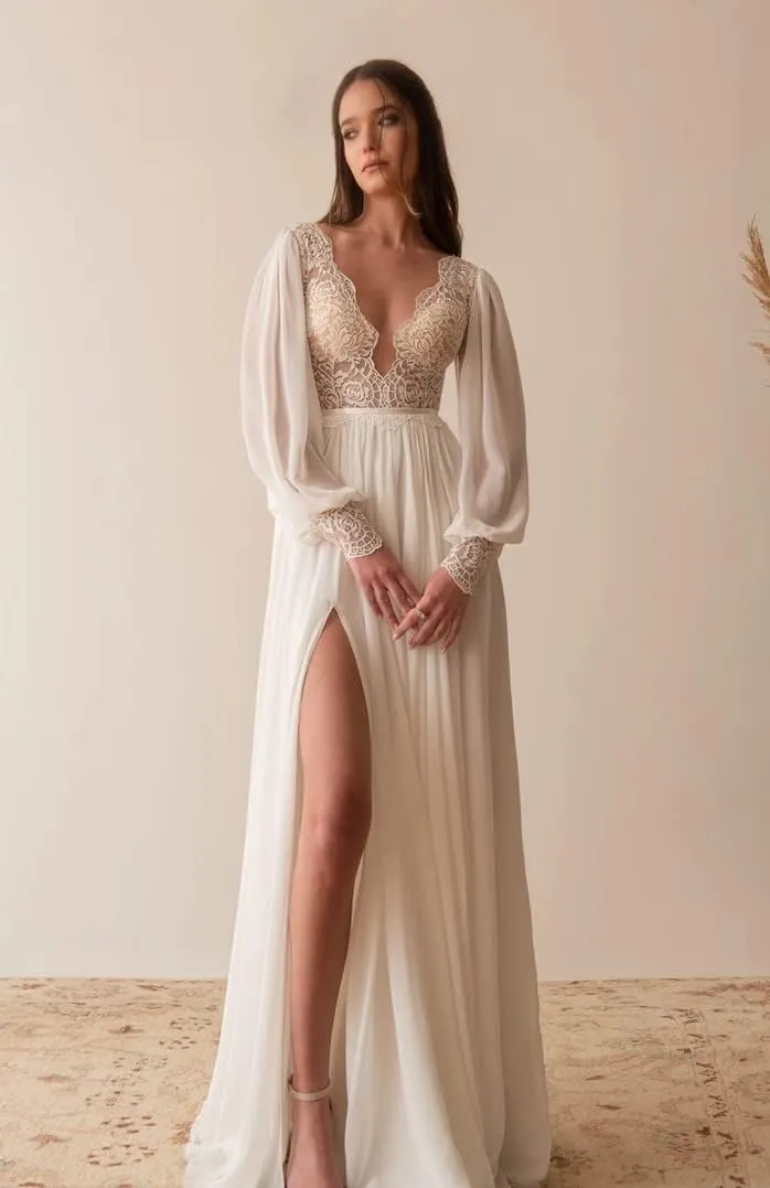 V Neck Long Sleeve Bridesmaid Dresses Lace Beach Boho Wedding Dress Chiffon Formal Gowns for Women with Slit