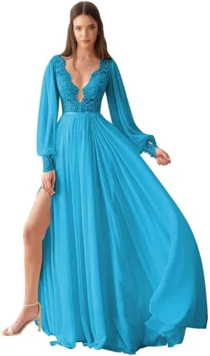 V Neck Long Sleeve Bridesmaid Dresses Lace Beach Boho Wedding Dress Chiffon Formal Gowns for Women with Slit
