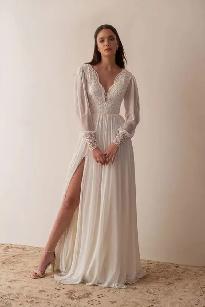 V Neck Long Sleeve Bridesmaid Dresses Lace Beach Boho Wedding Dress Chiffon Formal Gowns for Women with Slit