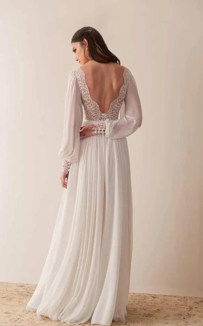 V Neck Long Sleeve Bridesmaid Dresses Lace Beach Boho Wedding Dress Chiffon Formal Gowns for Women with Slit