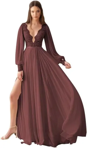 V Neck Long Sleeve Bridesmaid Dresses Lace Beach Boho Wedding Dress Chiffon Formal Gowns for Women with Slit