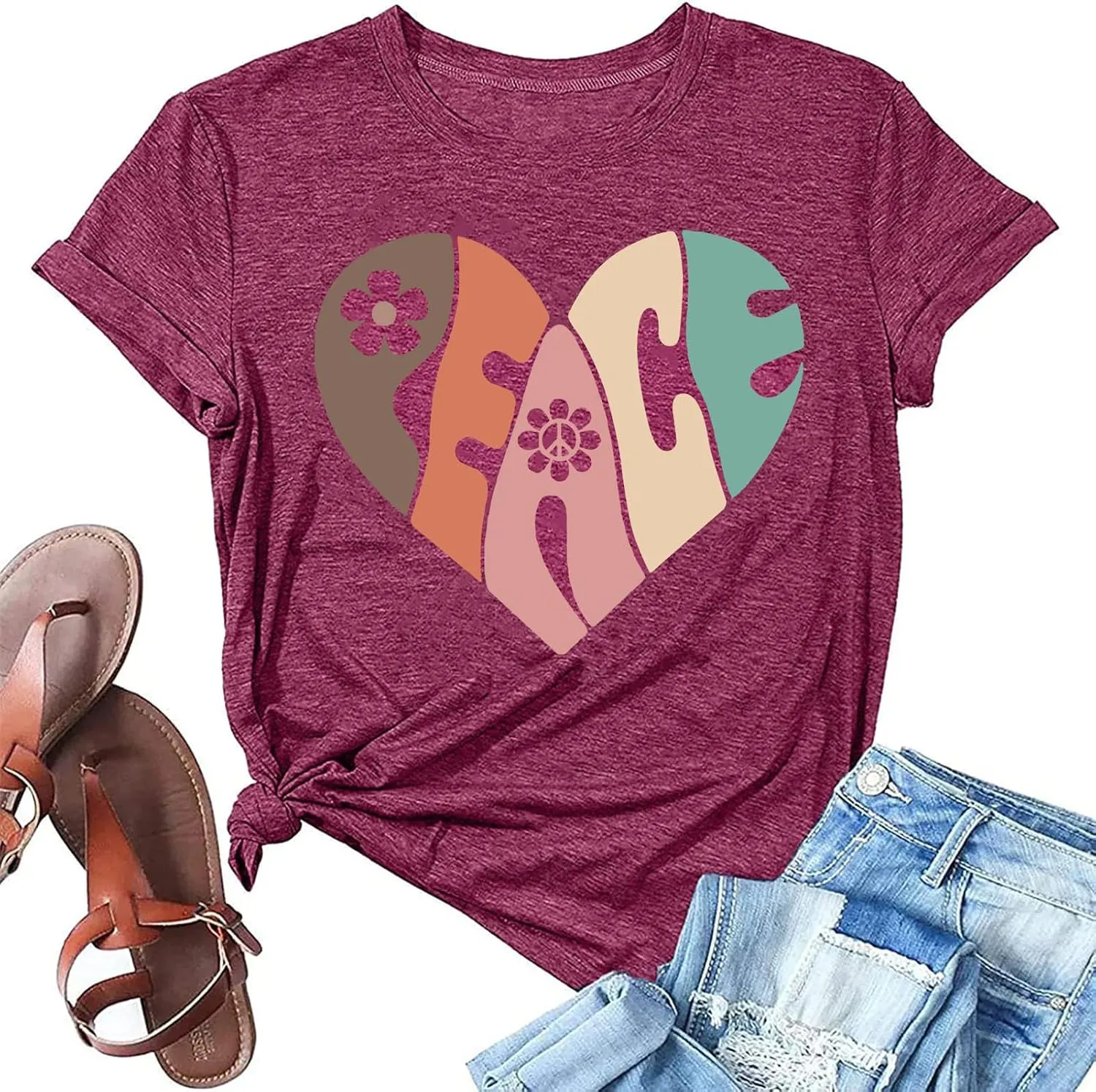 VILOVE Peace Love Shirt Women 70s Hippie Shirts Soul Inspirational Hippy Tops Vintage Graphic Tees Short Sleeve - Sleeveless