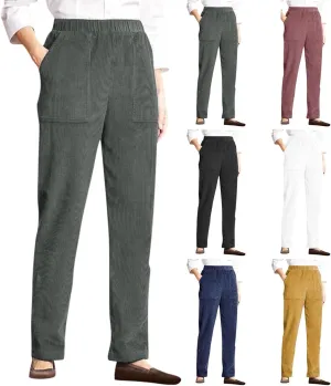 Vintage Corduroy Pants for Women Elastic High Waist Straight Wide Leg Pants Fall Winter Lounge Work Trousers w/Pocket
