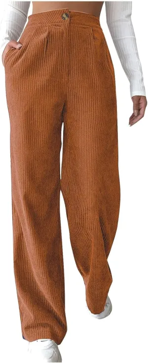 Vintage Corduroy Pants for Women High Waist Dress Pants Loose Straight Leg Lounge Pants Comfy Trousers with Pockets