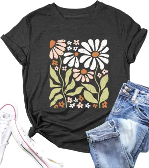 Vintage Floral Shirts Women Wildflower Graphic T-Shirt Boho Summer Hiking Casual Nature Plant Botanical Lovers Tee Shirts