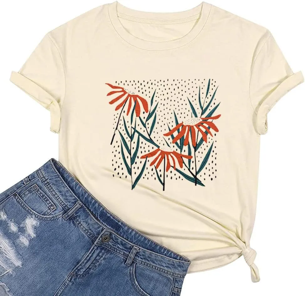 Vintage Floral Shirts Women Wildflower Graphic T-Shirt Boho Summer Hiking Casual Nature Plant Botanical Lovers Tee Shirts