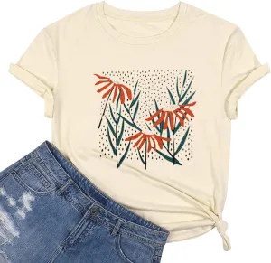 Vintage Floral Shirts Women Wildflower Graphic T-Shirt Boho Summer Hiking Casual Nature Plant Botanical Lovers Tee Shirts