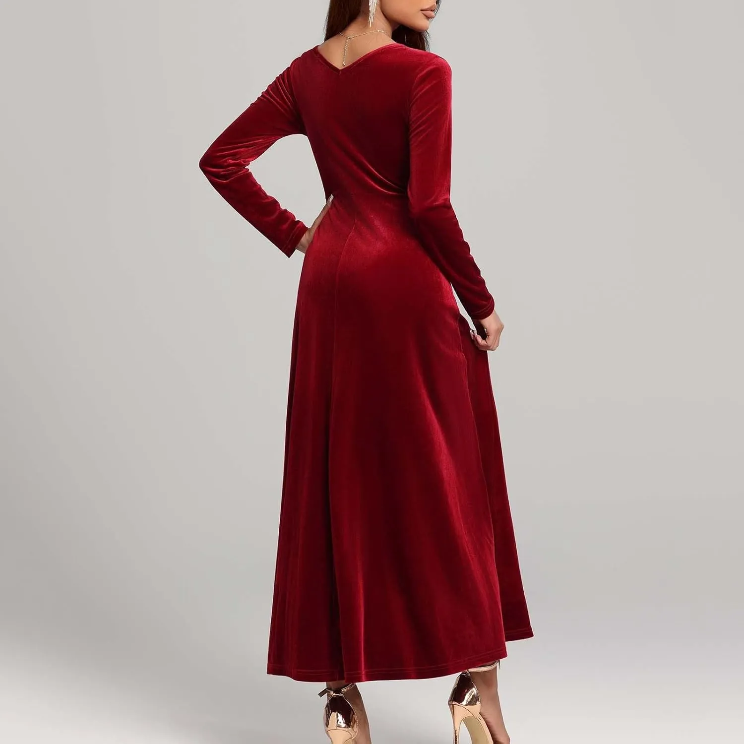 Vintage Velvet Flowy Maxi Gown for Women Square Neck Long Sleeve Empire Waist Dress Elegant Evening Formal Dresses