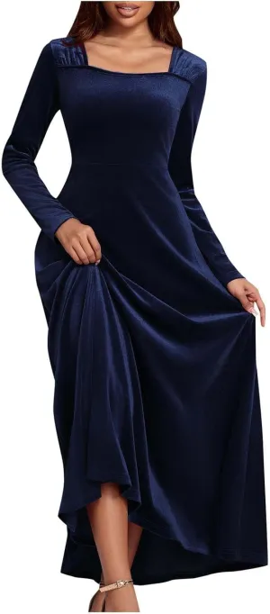 Vintage Velvet Flowy Maxi Gown for Women Square Neck Long Sleeve Empire Waist Dress Elegant Evening Formal Dresses